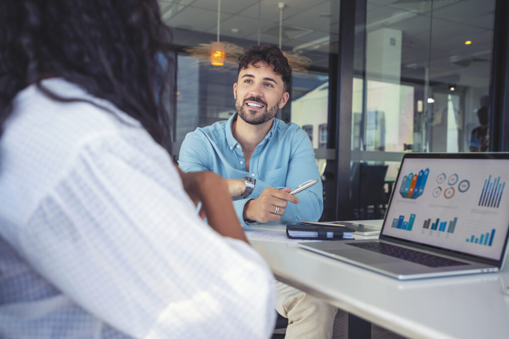 businessman discussing marketing plan and analytics with leader