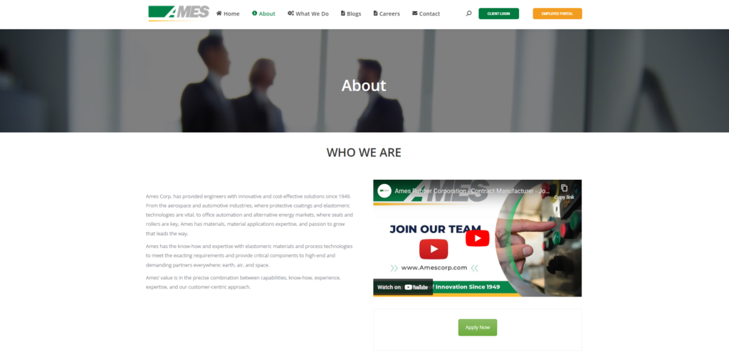 Screenshot of Ames Corp's About Us Page, an excellent example of a manufacturing or industrial B2B about us page.