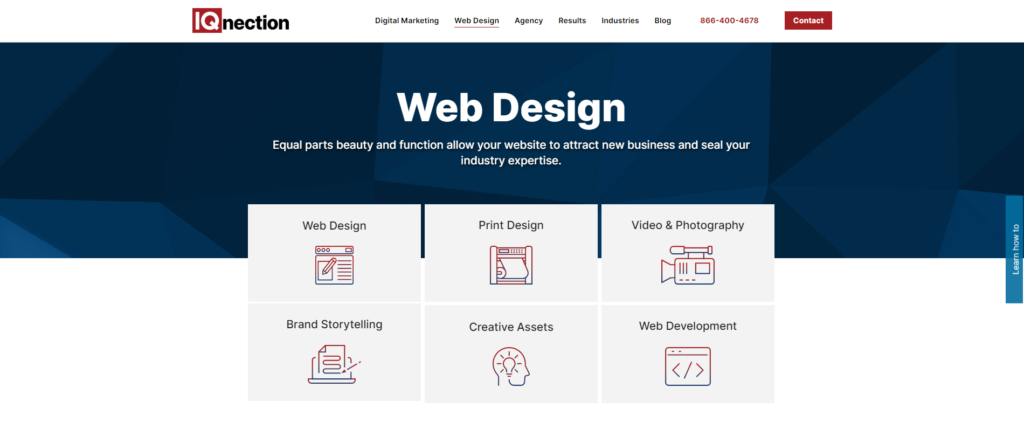 Screenshot of  the IQnection, a B2B marketing agency, web design pillar page. 