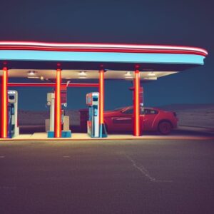AI-generated image created with free generation tool prompted to create a photo-realistic retro gas station on mars.