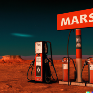 AI-generated artwork created by paid tool prompted to create a retro gas station on mars.