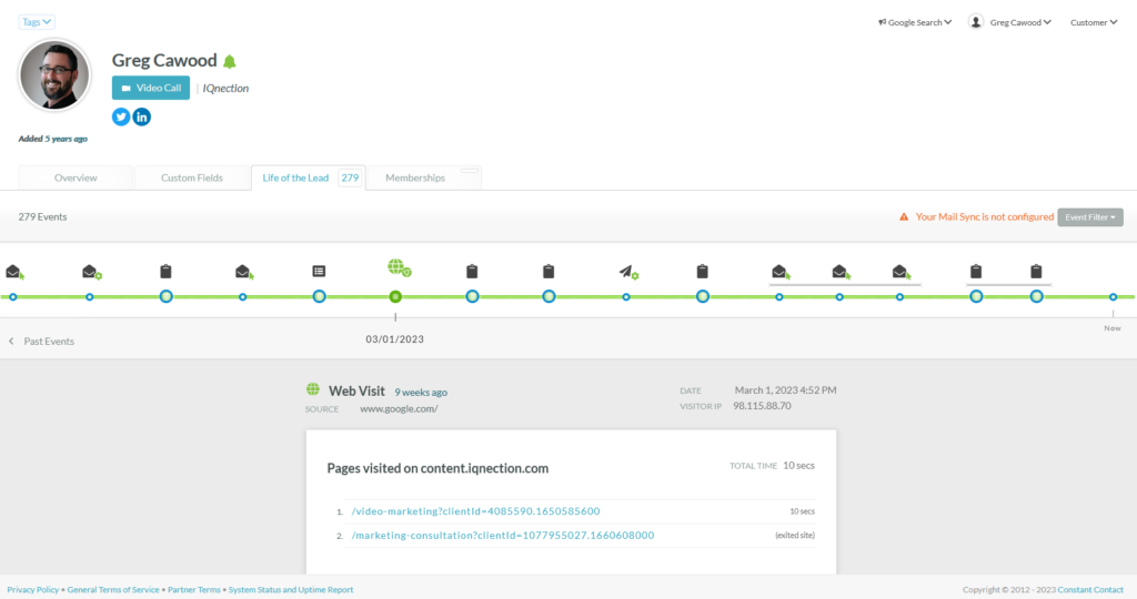 Screenshot of an active lead in the Constant Contact Lead Gen & CRM platform