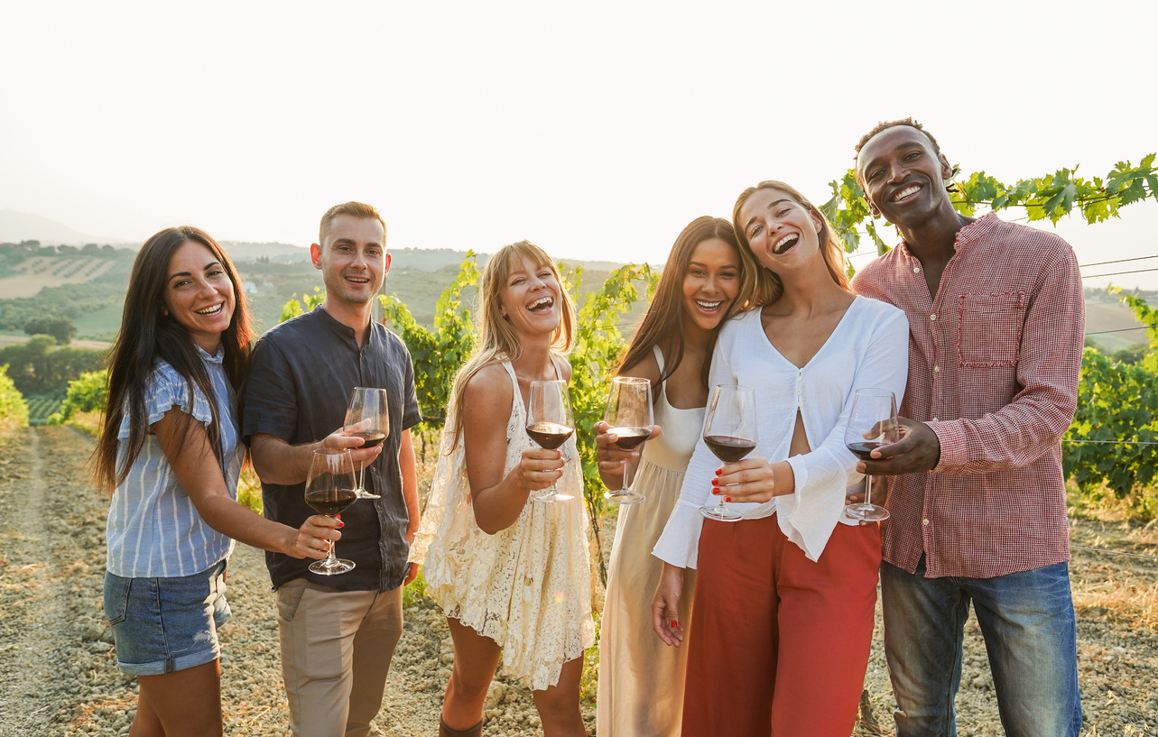 Happy friends cheering with red wine at countryside summer event - Winery events
