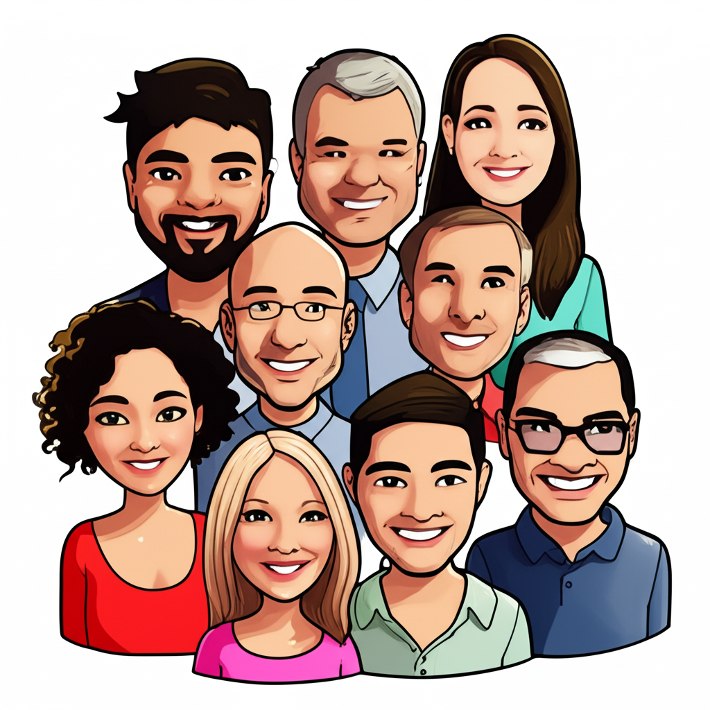 cartoon version of 9 people in an SEO agency
