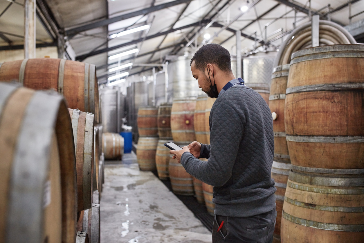 Man on ipad standing in room with wine barrels