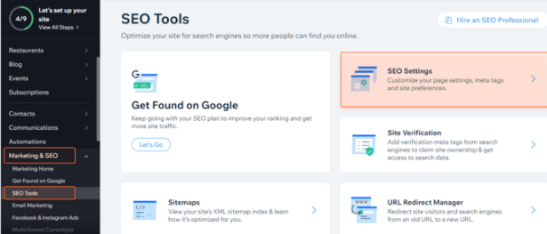 SEO on Wix Dashboard