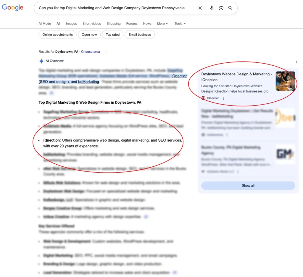 Google AI Overview highlighting IQnection as a leading marketing agency in Doylestown, PA within AI-generated search results.