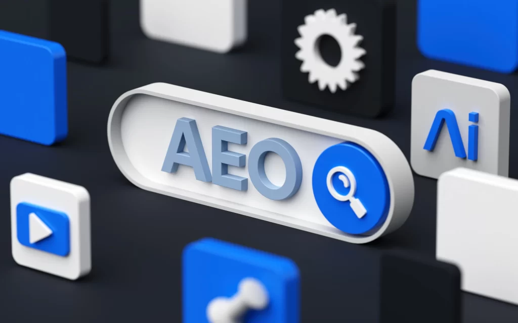 AEO logo with a magnifying glass on a dark background
