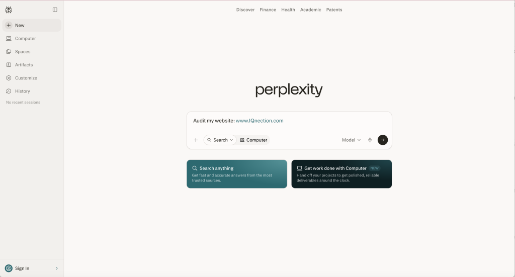 Screenshot of perplexity AI website audit
